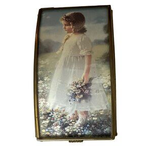 Trinket Box-Girl in Meadow, Brass and Blue Glass, Mirrored inside, Vintage